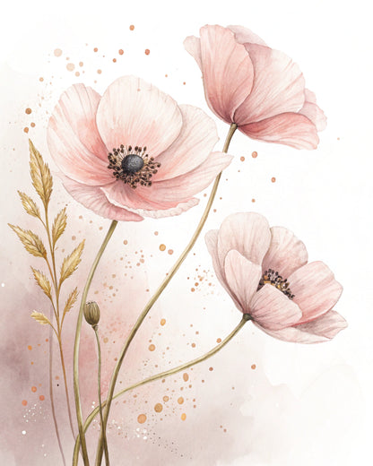 Set of 2 Blush Pink Poppy Printable Wall Art | Minimalist Floral Digital Prints