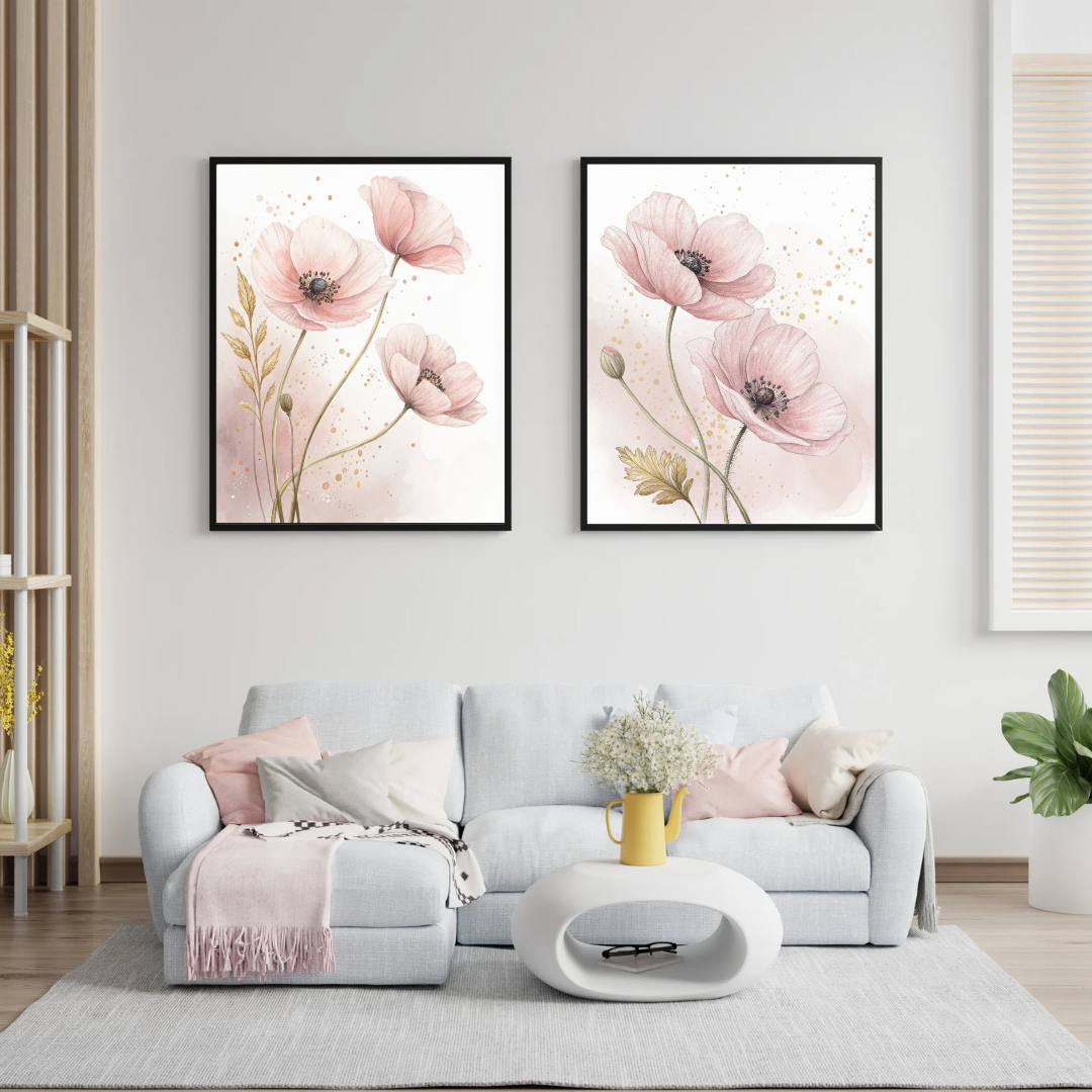 Set of 2 Blush Pink Poppy Printable Wall Art | Minimalist Floral Digital Prints
