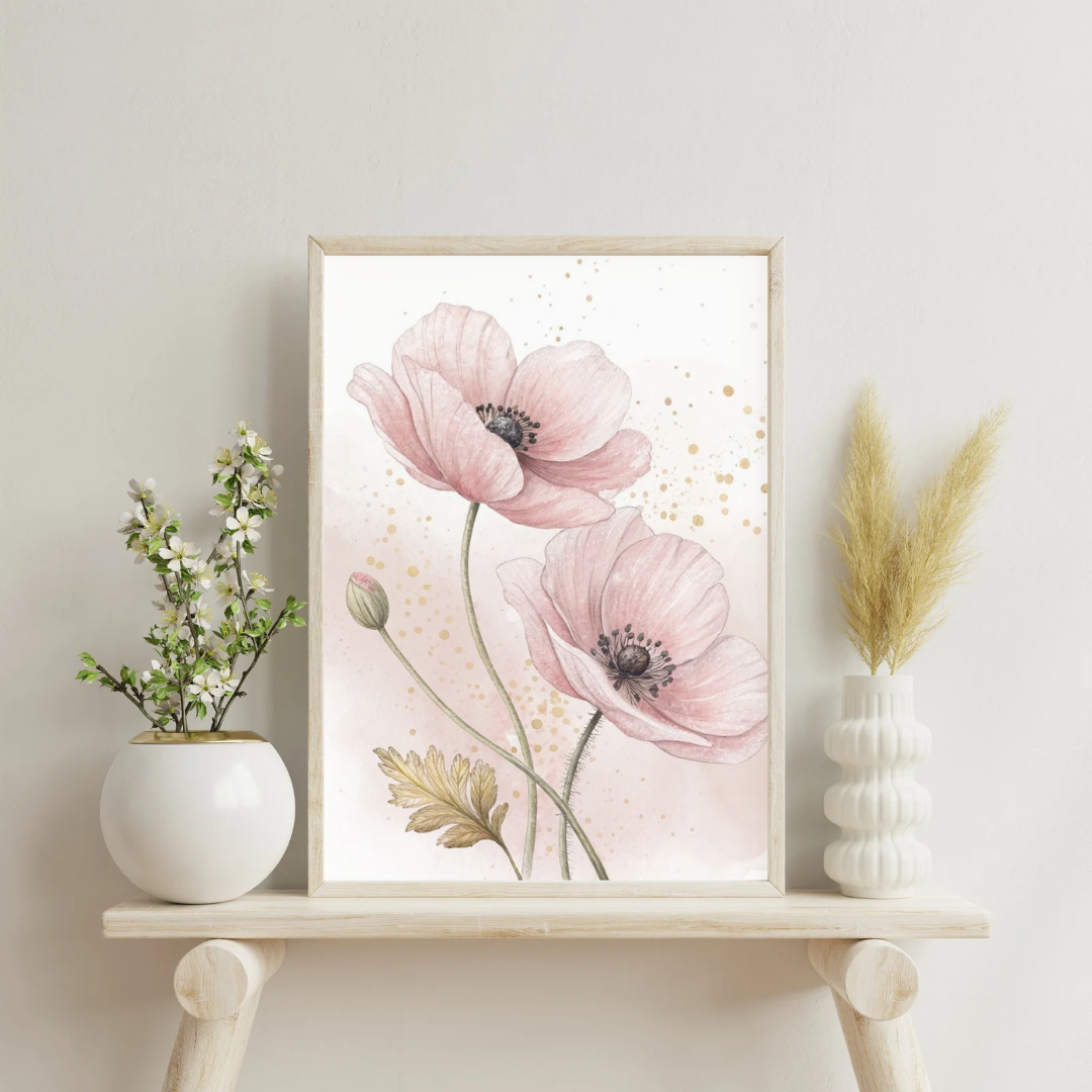 Set of 2 Blush Pink Poppy Printable Wall Art | Minimalist Floral Digital Prints