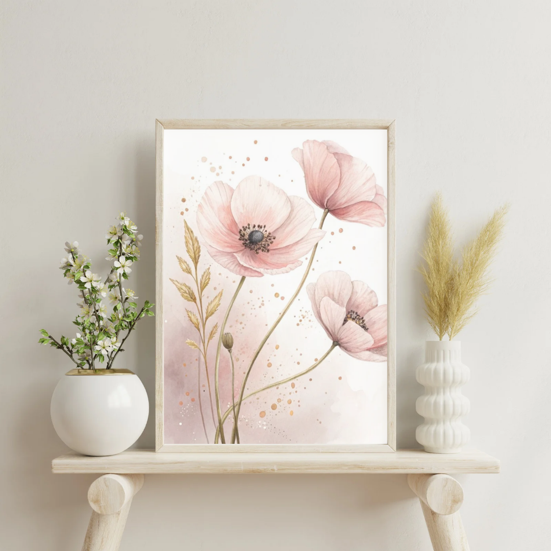 Set of 2 Blush Pink Poppy Printable Wall Art | Minimalist Floral Digital Prints
